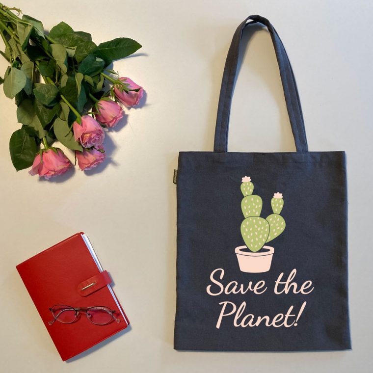 Sacoșă bumbac reciclat gri „Save the planet”